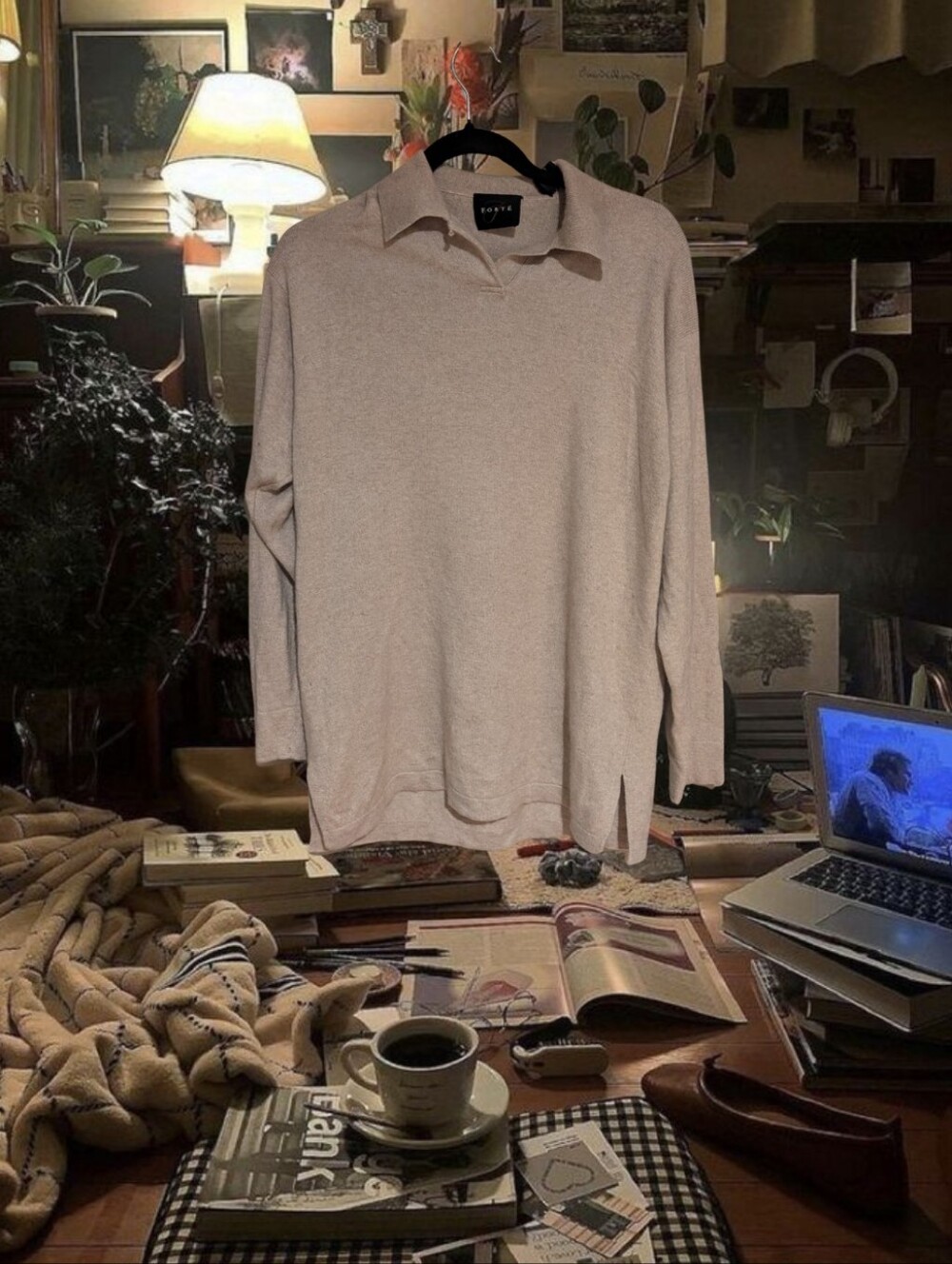 Forte Beige Collared Knit Pullover